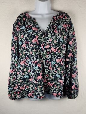 Style & Co. Navy Floral V-Neck Long Sleeve Blouse